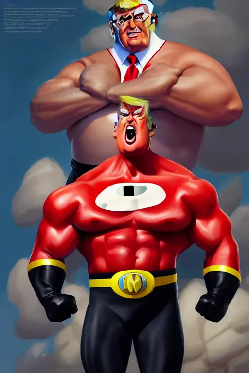 Image similar to trump as mr. incredible from the incredibles, hyper realistic, highly detailed, digital painting, trending on artstation, concept art, sharp focus, illustration, art by artgerm and greg rutkowski and fuji choko and viktoria gavrilenko and hoang lap