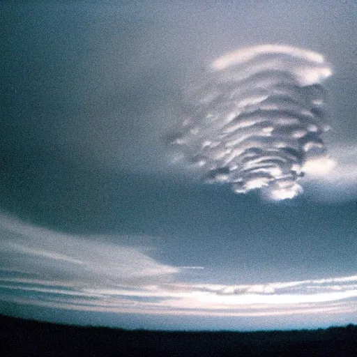 Image similar to a enormously big futuristic space ship hardly can be seen through clouds shifting towards the earth, a man in the middle of the scene watching it from the ground, by Roger Deakins, by Stanley Kubrick, cinestill 800t, trending on artstation, by Christopher Nolan