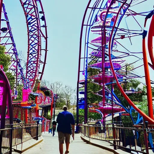 Image similar to a man walks trough a amusement park