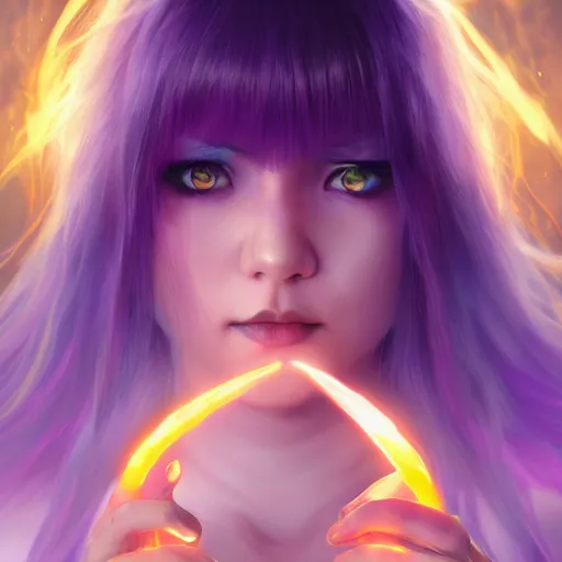 Prompt: rimuru tempest from tensura holding purple fire in her palm, with amber eyes of golden colored eyes, straight hair, sky blue hair, long bangs, award winning photography, cinematic, digital painting, cinematic, wlop, 8 k, by ross tran, tom bagshaw