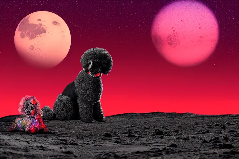 Image similar to a parti poodle with black and white fur laying down on mars. distant background, red lighting, digital art, acrylic, colorful, ominous, bleak, moonlight, bokeh, depth of field, synthwave, psychedelic, glitch, acrylic, flooko, detailed, cybernetic, sci-fi, glows,