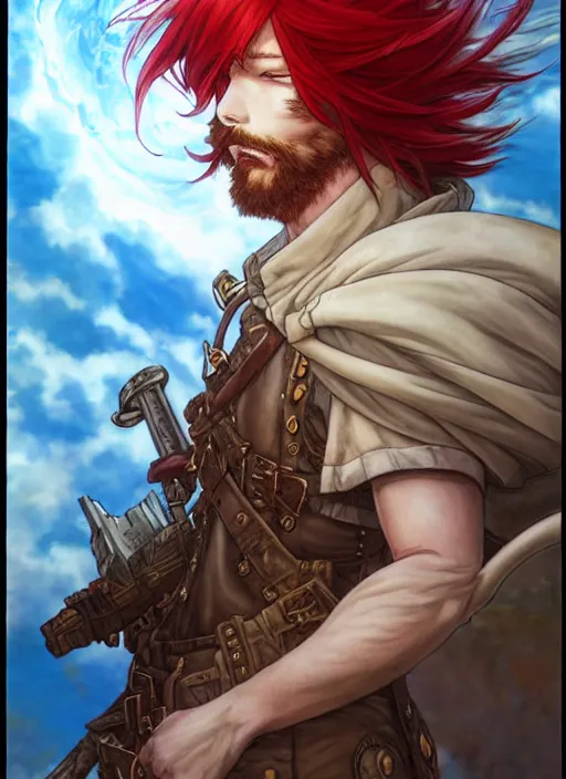 Image similar to prompt : ragnarok online portrait soft light painted by james jean and katsuhiro otomo and erik jones, inspired by akira anime, epic fantasy, a long red haired, red bearded male sky - pirate standing in front of an airship, intricate oil painting, high detail illustration, sharp high detail, manga and anime 1 9 9 9