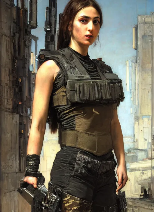 Image similar to buff Ella. beautiful cyberpunk soldier wearing a military vest and military gear (cyberpunk 2077). gorgeous face. Iranian orientalist portrait by john william waterhouse and Edwin Longsden Long and Theodore Ralli and Nasreddine Dinet, oil on canvas. Cinematic, hyper realism, realistic proportions, dramatic lighting, high detail 4k