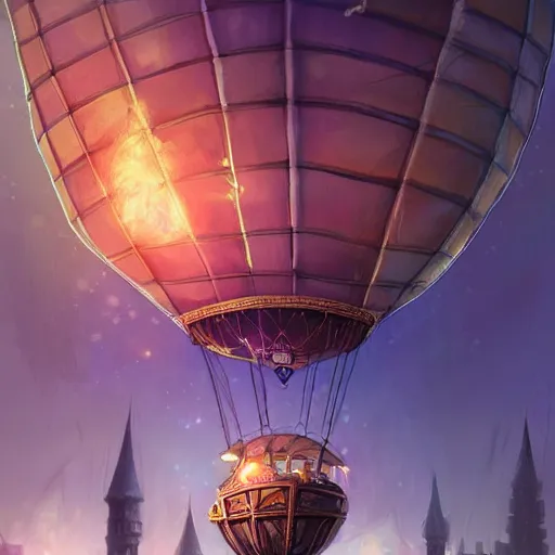 Image similar to a beautiful stunning fantasy whimsical matte digital illustration of a hot - air balloon powered by magic over a lit city at night by marc simonetti, pastel color palette, disney magic the gathering steampunk, chiaroscuro magical bokeh moon stars dramatic romantic, trending on artstation hq, masterpiece