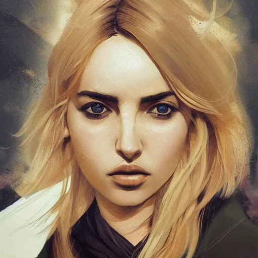 Prompt: Ana de Armas with a blond hair, profile picture by Greg Rutkowski, asymmetrical, Organic Painting , Matte Painting, geometric shapes, hard edges, street art, trending on the artstation:2 by Sachin Teng:4, blur: -4