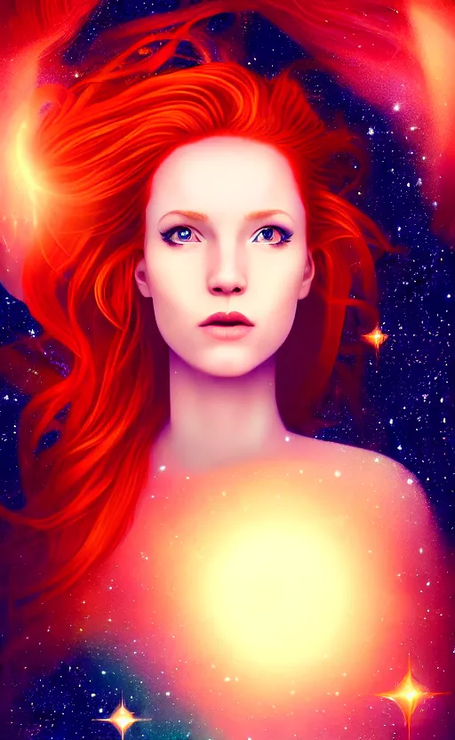 Image similar to space astral portrait of a beautiful girl, red hair, ginger hair, fantasy, glowing skin, smooth face, perfect eyes, half body shot, tarot card