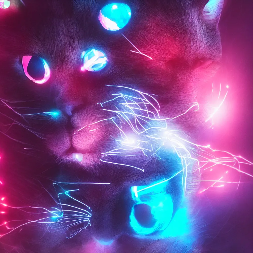 Prompt: cyber cat, cyber neon lighting, glowing eyes, futurism, hyper photorealistic, crispy quality, digital photography, trending in artstation, cinematic, beeple, 4 k ultra hd