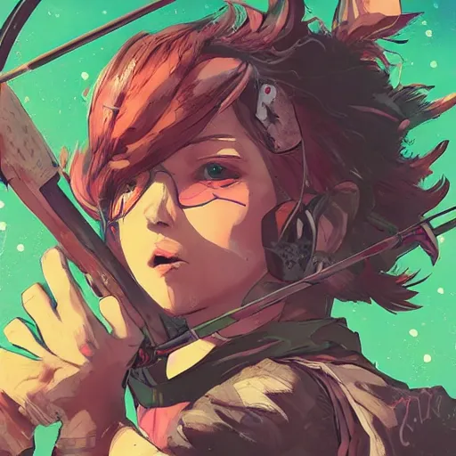 Prompt: close up, posing pointing with an arrow bow and screaming with fury, a grungy cyberpunk anime, very cute, by super ss, curly pink hair, night sky by wlop, james jean, victo ngai, highly detailed
