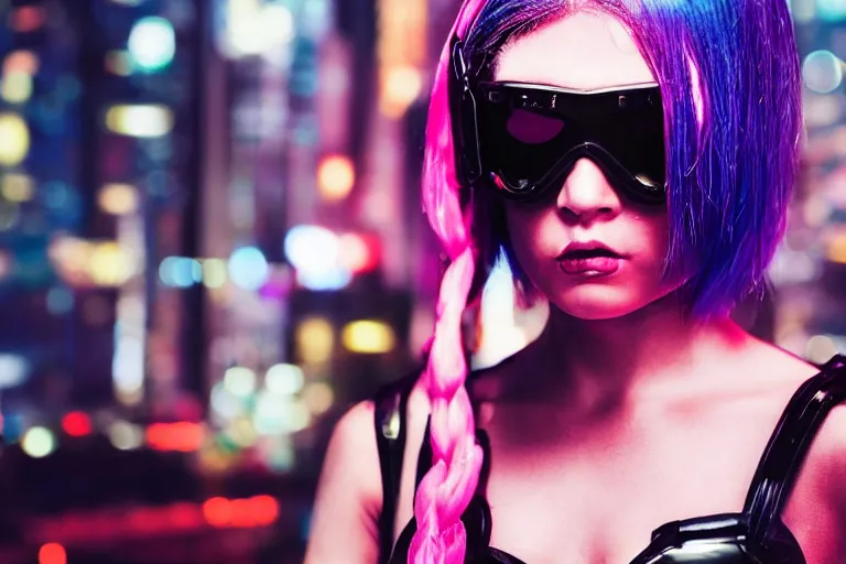Prompt: closeup gorgeous young trained female cyberpunk assassin, sunglasses, died hair, shag cut, fit cyborg geisha, hero pose colorful city lighting, night by emmanuel lubezki