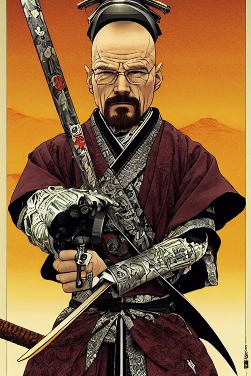 Image similar to poster of walter white as a samurai, by yoichi hatakenaka, masamune shirow, josan gonzales and dan mumford, ayami kojima, takato yamamoto, barclay shaw, karol bak, yukito kishiro