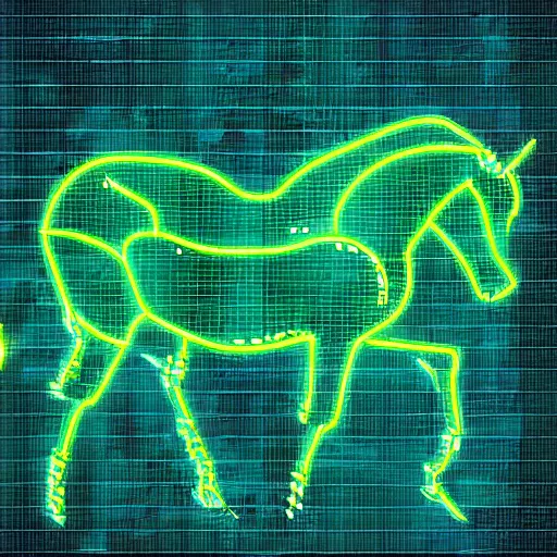 Image similar to digital horse, glowing circuit board patterns along body, retrowave palette, highly detailed, anatomically correct equine, digital art