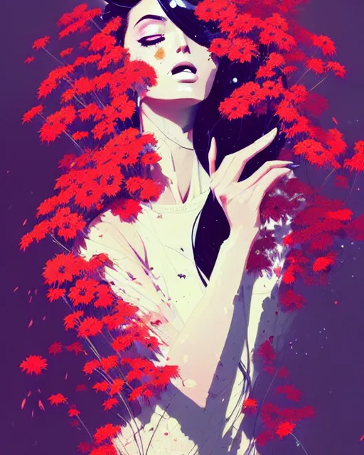 Image similar to a ultradetailed beautiful panting of a stylish woman surrounded by flowers, by conrad roset, greg rutkowski and makoto shinkai, trending on artstation