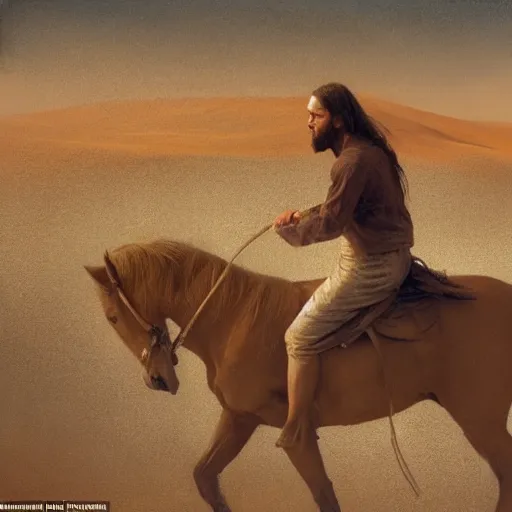 Prompt: jesus christ, riding a horse in the desert, oil paint by alyssa monks, greg rutkowski, cinematic, canon