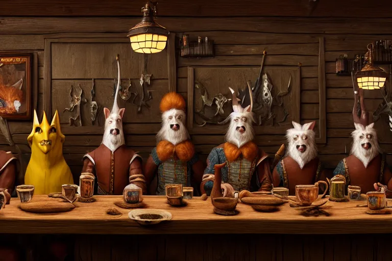 Image similar to A group of High Fantasy Creatures lined up for a portrait in a Tavern directed by Wes Anderson, Regal, Formal, Symmetrical, Satisfying, Dynamic lighting, Highly Detailed, Cinematic Lighting, 8k, HD