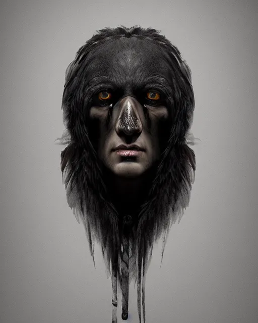 Prompt: headshot portrait of a raven shaman, dark mood, detailed, textured, realistic, unreal engine, cgsociety, cinematic lighting, concept art