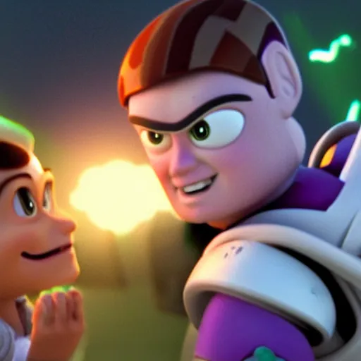 Image similar to rey skywalker and buzz lightyear holding hands