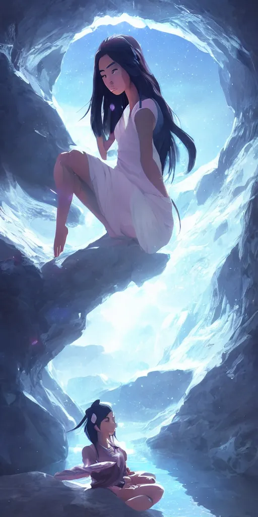 Prompt: beautiful young Himalayan woman with psychic powers, floating in a cave, sad, futuristic, somber, sci-fi summer fashion , by Makoto Shinkai and Wojtek Fus, by studio trigger, rossdraws, dramatic lighting, reflective light