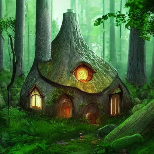 Prompt: a small mushroom house in the forest with a chimney and windows, green forest, overgrowth, beautiful, striking, artstation, concept art, matte painting