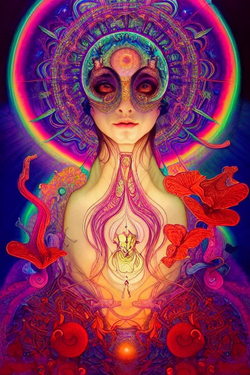 Image similar to An extremely psychedelic experience of the third eye opening to celestial dreams, colorful, surreal, dramatic lighting, magic mushrooms, psilocybin, LSD, face, detailed, intricate, elegant, highly detailed, digital painting, artstation, concept art, smooth, sharp focus, illustration, art by Krenz Cushart and Artem Demura and alphonse mucha