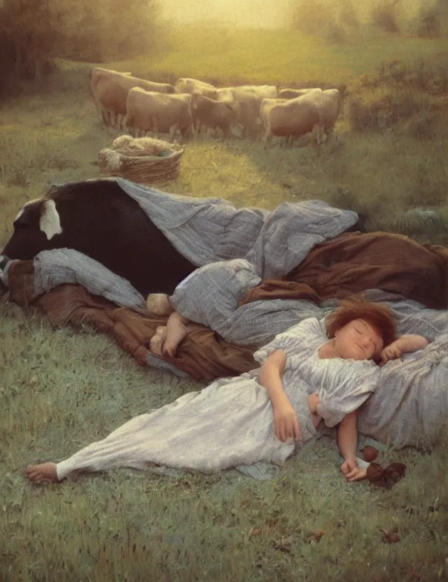 Prompt: peasant girl sleeping with a cow on a farm, cottage core, polaroid photo bleached vintage pastel colors high - key lighting, soft lights, foggy, by steve hanks, by lisa yuskavage, by serov valentin, by tarkovsky, 8 k render, detailed, oil on canvas