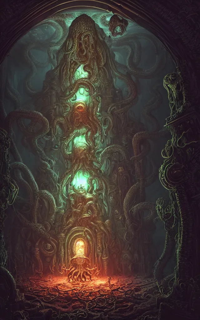 Image similar to hooded necromancer in front of a cthulhu within a viscosity fluid lovecraft portal, wide - angle portrait photography, intricate architecture, baroque detailed, unreal engine, octane render, micro detail, digital art by dan mumford and peter mohrbacher and wayne barlowe, intricate detail, subsurface scattering, ray tracing, vivid colors, octane render