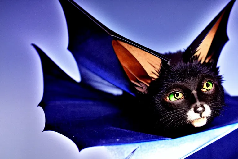 Image similar to a blue - and - black male catbat fursona with blue / green heterochromatic eyes ( differently colored eyes ) and huge bat ears, photo of the catbat streaming on his computer