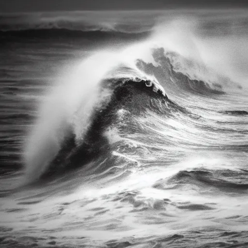 Image similar to dark ocean, towering waves, black, grey - scale, highly turbulent, deep focus, no sky, elevation view, hidden hands and faces