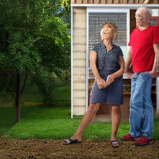 Image similar to a man and a woman around 3 0 years are standing in the backyard of a downtown home. realistic colors, detailed photo 8 k