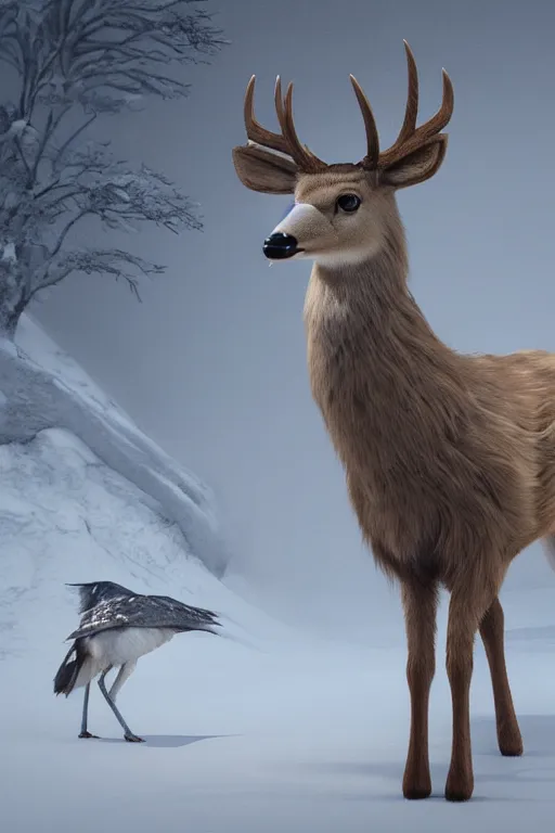 Prompt: an anthro deer wearing a white formal coat, talking to a crow, hyperrealistic, concept art, octane render, unreal engine 5, trending on DeviantArt, highly detailed, high quality, 8K, soft lighting, cute, natural lighting, realistic face, trending on Artstation, elegant clothes, profile picture, path traced, house background