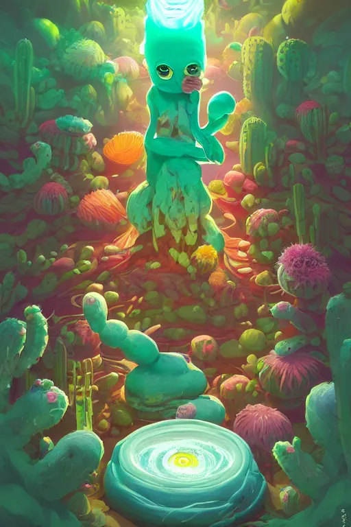 Image similar to roots cactus sushi cristal smurf ghost creature animal sushi cristal very big eye roots cactus elemental flush of force nature micro world fluo fishscale, behance hd by jesper ejsing, by rhads, makoto shinkai and lois van baarle, ilya kuvshinov, rossdraws radiating a glowing aura global illumination ray tracing hdr