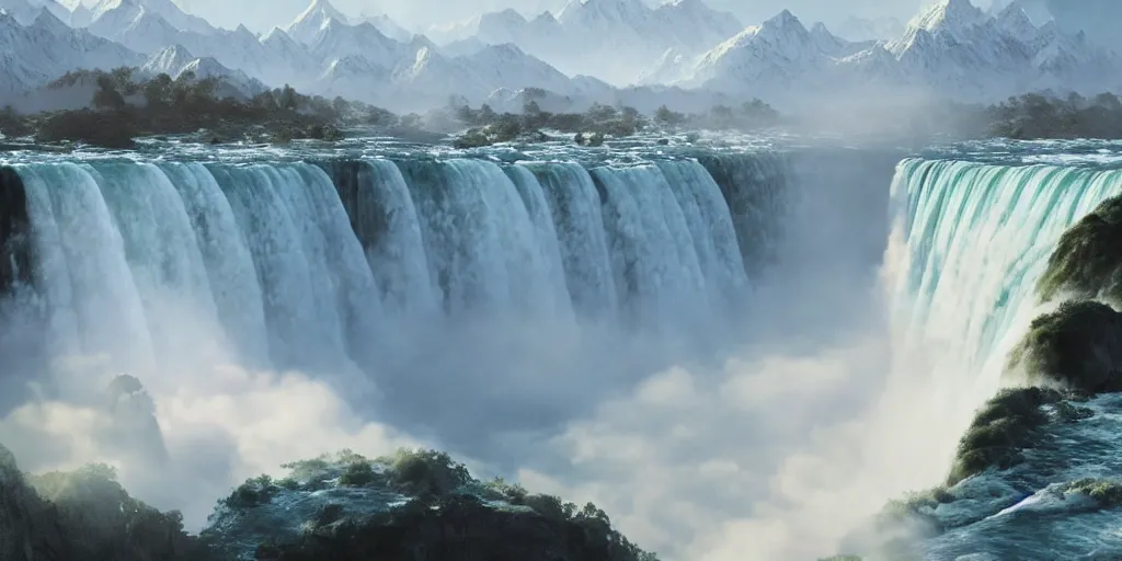 Image similar to cascade of multiple gigantic niagara falls in the himalaya, epic mountains, early dawn, fantasy illustration, matte painting, concept art, low angle shot, volumetric lighting, volumetric atmosphere, morning mist, art by james gurney, unreal engine 5, 8 k