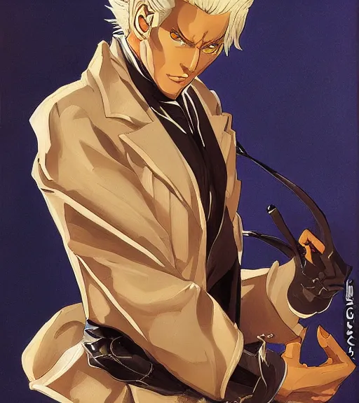 Image similar to j. c. leyendecker painting of an anime vergil from dmc, direct flash photography at night, film grain