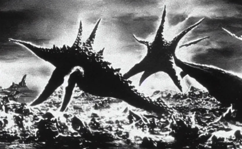 Image similar to a filmstill of Kim Jong-il and a giant starfish monster destroying Pyongyang, in Godzilla (1954) by Ishirō Honda, epic ultrawide shot, cinémascope