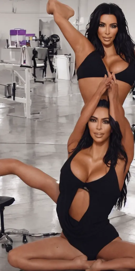 Image similar to kim kardashian in a modeling studio, yoga pose, hd, tan, camisole, body shot