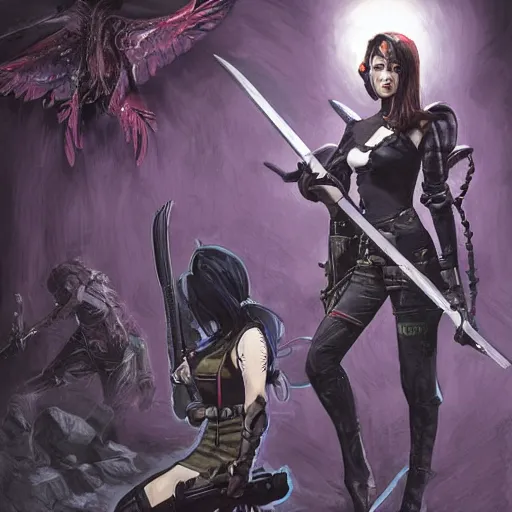 Image similar to a shotgun - toting modern day hunter ; and a sword - wielding magical girl stand back to back against a wall while darkspawn creatures approach them. realistic modern horror rpg painting, by frank cho, dynamic layout