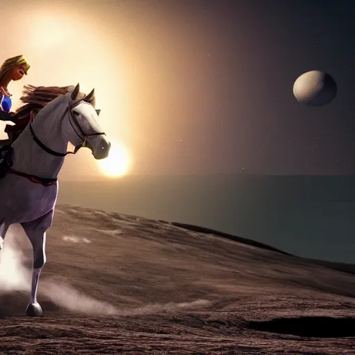 Image similar to zelda riding a horse on moon, hyper realistic, 4 k octan render, unreal 5