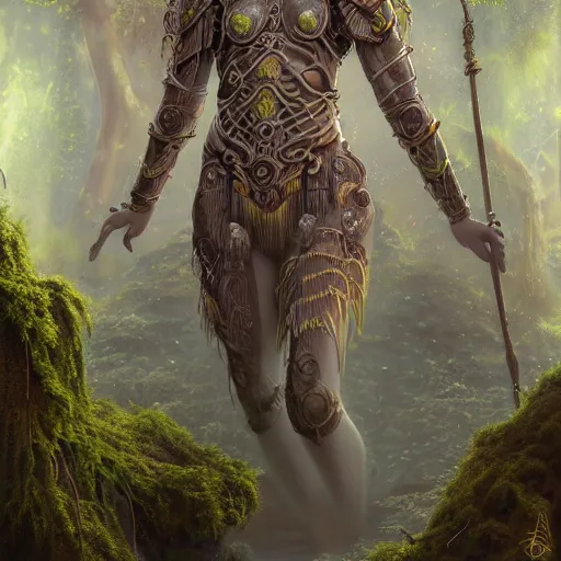 Image similar to tom bagshaw, beautiful amazon full armor, mythical cosmic shrine, soft painting render curiosities carnival pond river vegetation rocks bugs wildlife mushrooms covered moss bioluminescent wisps, beautiful stunning waterfall, accurate features, focus, very intricate ultrafine details, random volumetric lighting, fog, award winning masterpiece, octane render 8 k hd, artstation