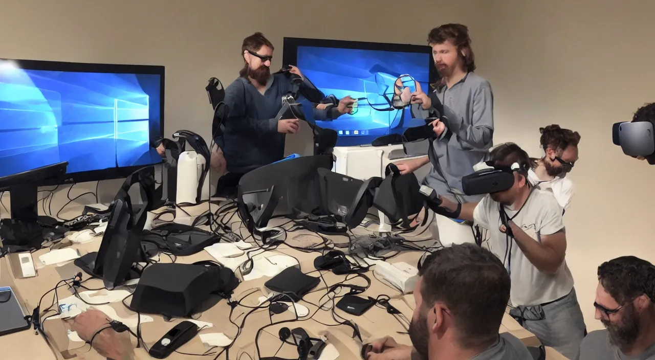 Image similar to Jesus Christ teaching his disciples how to install Windows 11 using VR. Photo realistic.