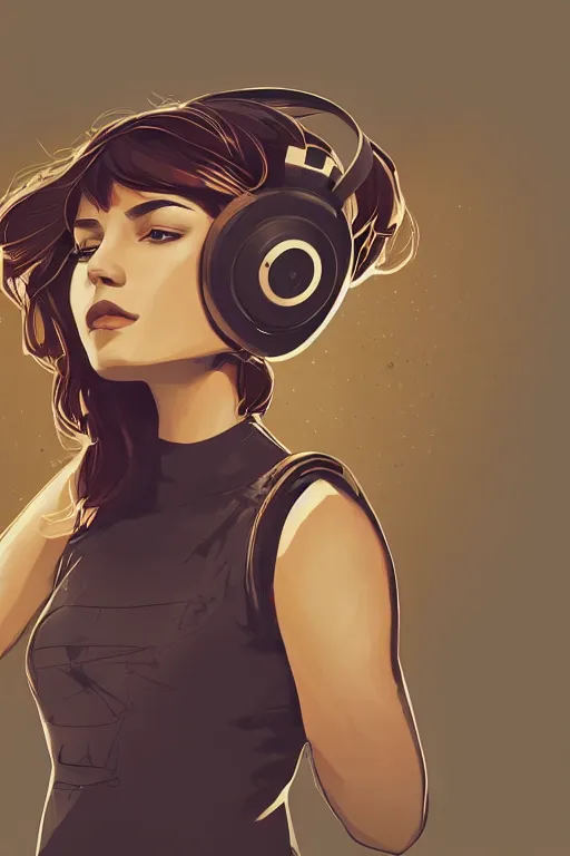 Image similar to georgian girl looking to the left, wearing beats headphones. short brown hair, white jumper. lit from the right side, orange light. centered median photoshop filter cutout vector behance hd artgerm jesper ejsing!