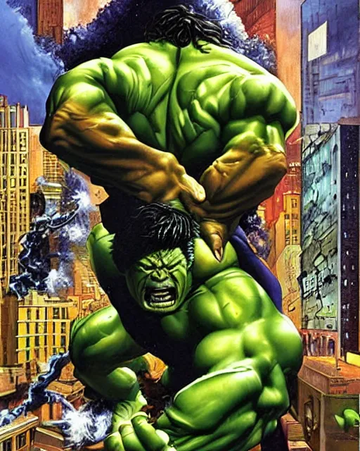 Image similar to a moody painting of the incredible hulk looking angry as he bursts through a wall at noon in a city by joe jusko.