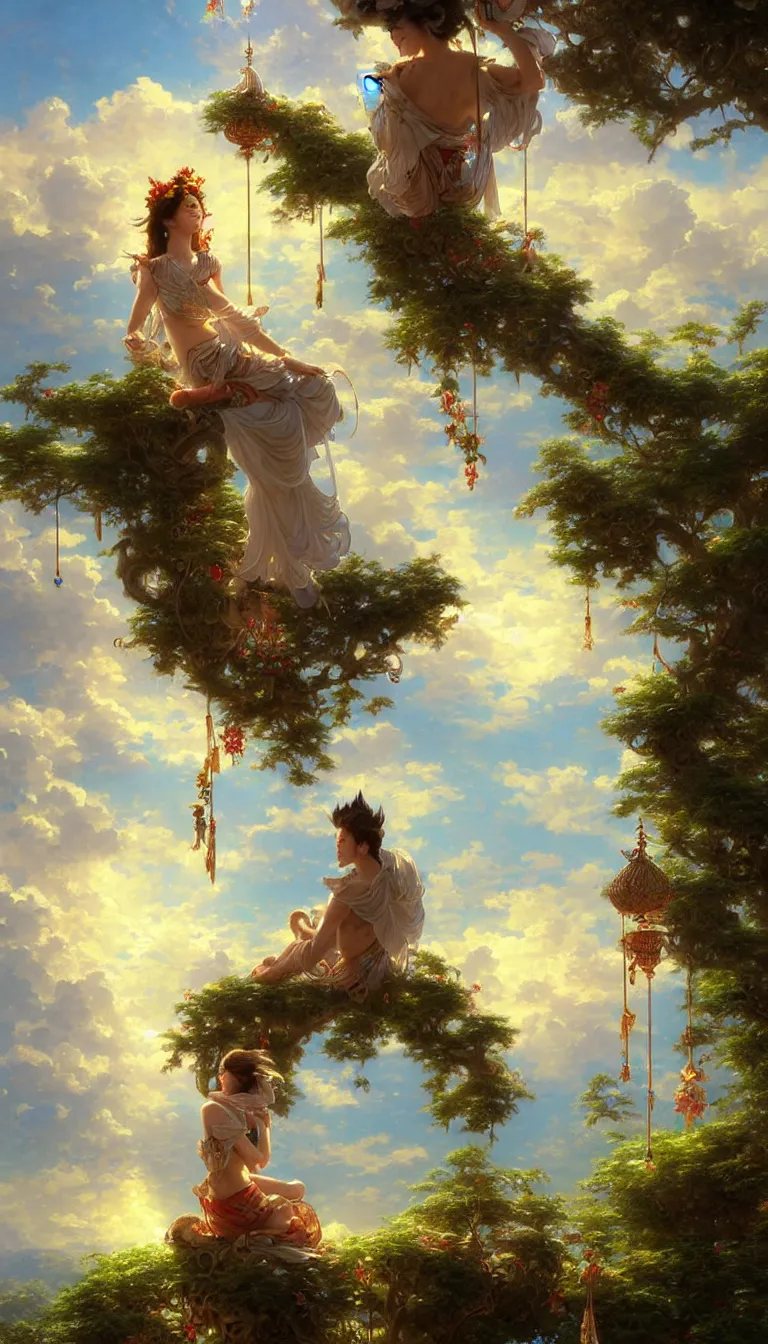 Prompt: wind deity enjoying the view from his stone heavenly palace, decorated with windchimes and paper lanterns, stunning nature and clouds in background, digital art, stanley artgerm lau, greg rutkowski, thomas kindkade, alphonse mucha, loish, norman rockwel