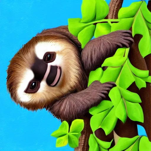Prompt: digital painting of an energetic young sloth with big eyes swinging on a vine