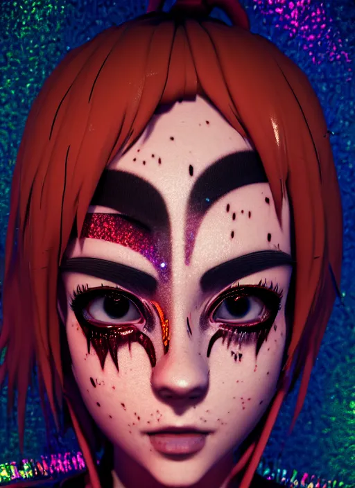 Image similar to portrait of a streetwear anime style woman wearing thick mascara, crying, a city on fire in the background, police lights shine on her face, tattoos, dark glitter, Cinestill 50d, 4k, 8k, hd, full color, octane render, trending on artstation, highly detailed