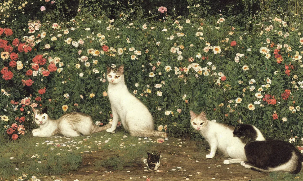 Image similar to a portrait of a cat sitting in the garden surrounded by flowers and plants, painting by Lawrence Alma-Tadema, children's book illustration