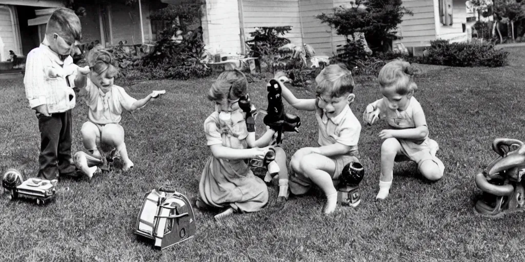 Prompt: kids playing with alien toy in their front yard, 1 9 5 0 s picture