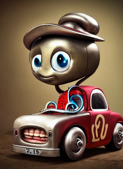 Prompt: highly detailed closeup portrait of a cute tin toy retro racing car, nicoletta ceccoli, mark ryden, lostfish, earl nore, hyung tae, frank frazetta, global illumination, god rays, detailed and intricate environment