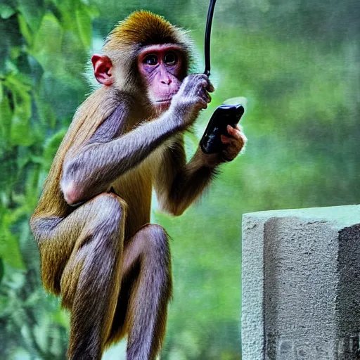 Prompt: a monkey using the telephone in 1800, realistic, 35mm photograph