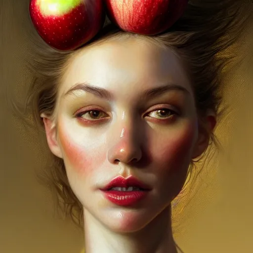 Prompt: portrait made of apples and fruit, fantasy, intricate, elegant, highly detailed, lifelike, photorealistic, digital painting, artstation, illustration, smooth, sharp focus, art by scott davidson, albert aublet, krenz cushart, artem demura, giuseppe arcimboldo