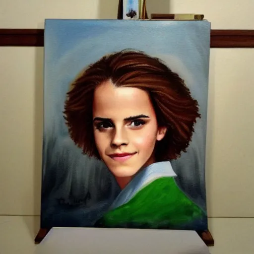 Image similar to emma watson painting bob ross