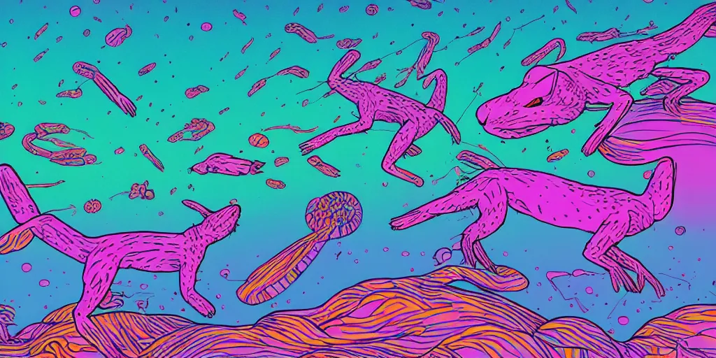 Image similar to risograph of electric cats that fly over ice, a lot of tv screens around, shrimps are all over the ground, acid and dreaming psychedelic hallucinations, by moebius, colorful surreal design, hd, 8 k, artstation